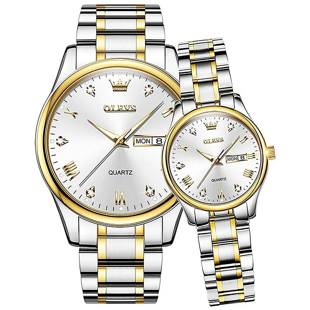 Olevs 5563 Couple Watch tow tone chain (white dial)
