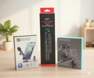 Smart Vlogger's Combo - K8 Wireless Mic, Q07 Bluetooth Selfie Stick & 360° Rotating Phone Stand