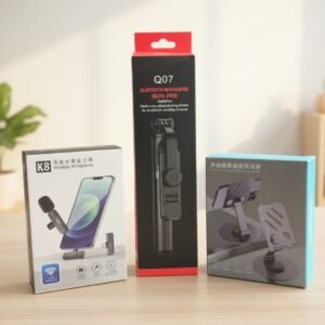 Smart Vlogger's Combo - K8 Wireless Mic, Q07 Bluetooth Selfie Stick & 360° Rotating Phone Stand
