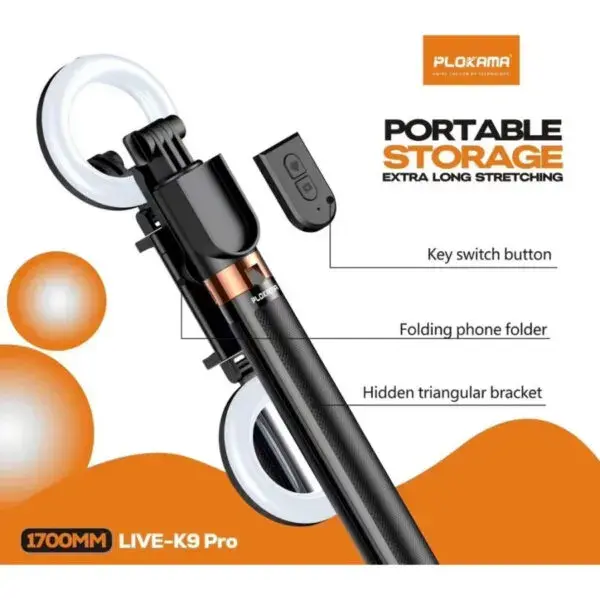 Plokama LIVE-K9 Pro 1700mm Ultra Long Selfie Stick with Tripod Stand & Dual Ring Light - Image 2