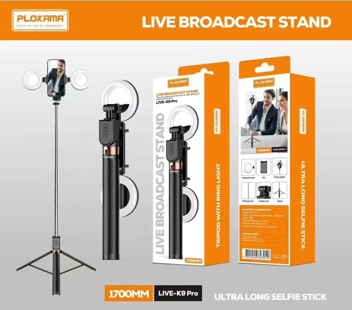 Plokama LIVE-K9 Pro 1700mm Ultra Long Selfie Stick with Tripod Stand & Dual Ring Light - Image 3